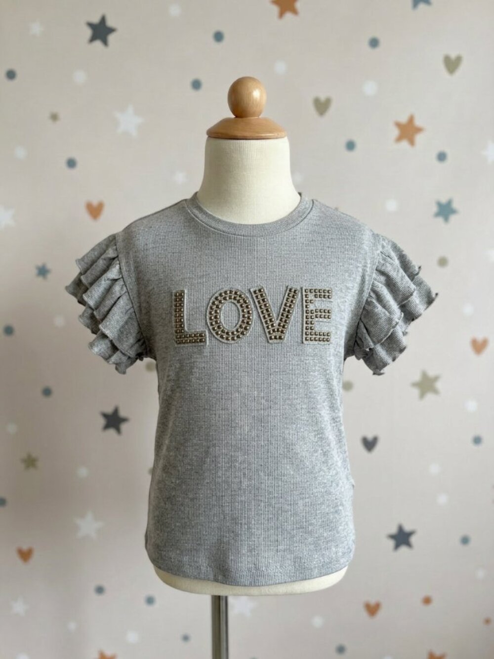 Jessica Simpson Girls Size 5 Gray Studded LOVE Top Ruffle Sleeve